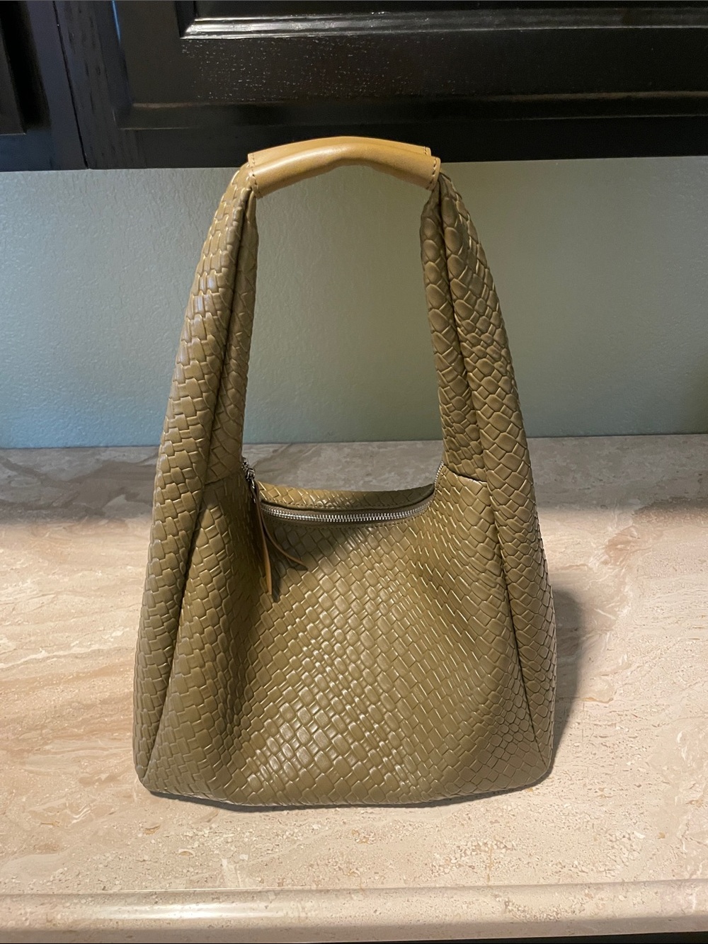 Olive Woven Shoulder Bag with Padded Top Handle
